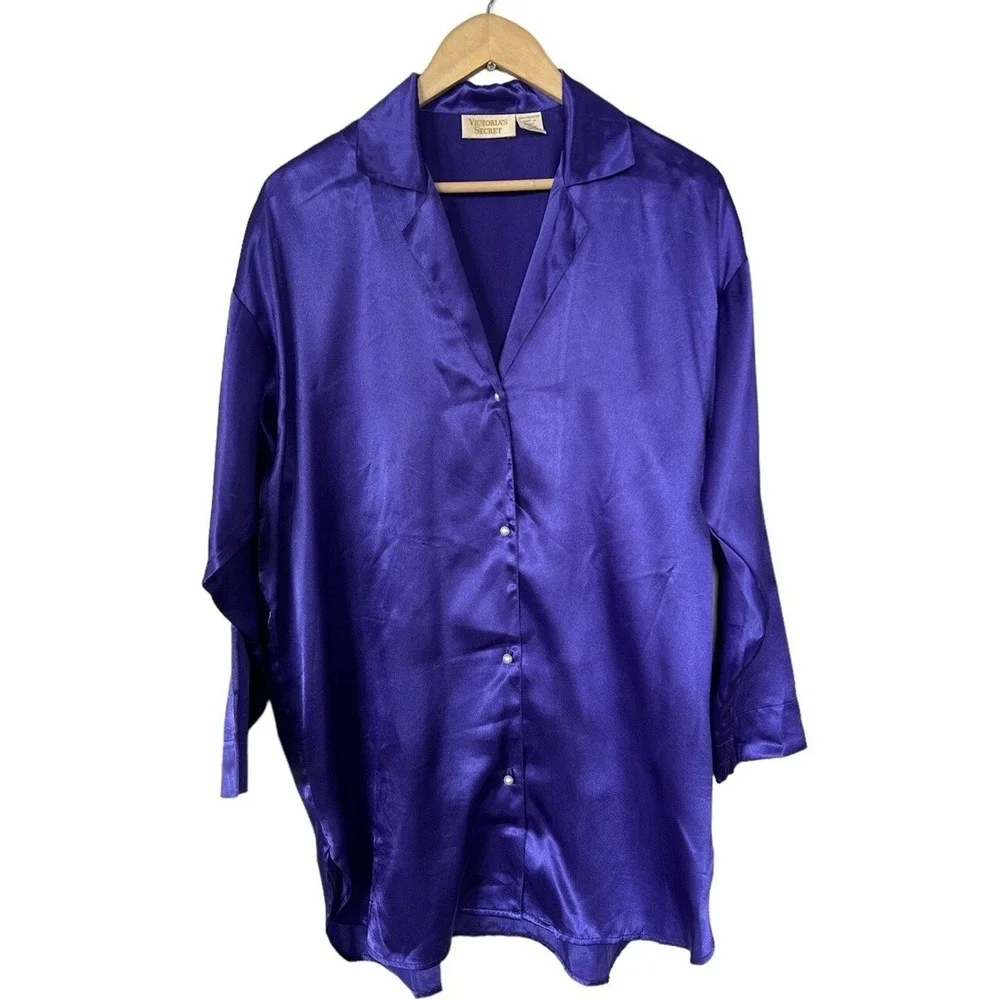 Victorias‎ Secret Purple Satin Sleep Shirt Vintage Gold Label P/S Long Sleeve